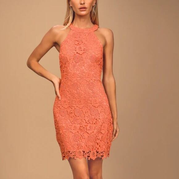 Lulu’s Peach Coral Lace Crocheted Mini Halter Dress Size XS - Picture 1 of 5